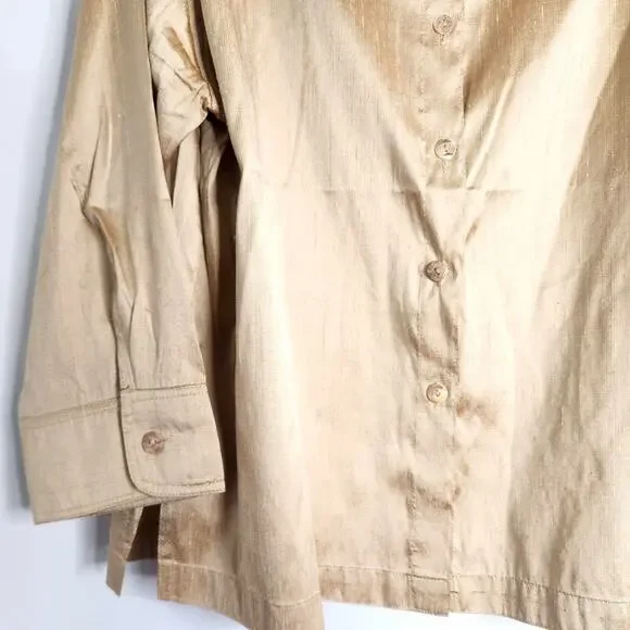 ios Metallic Gold 100% Silk Top Size M Button Up Long Sleeve Classic Elegant - Picture 9 of 11